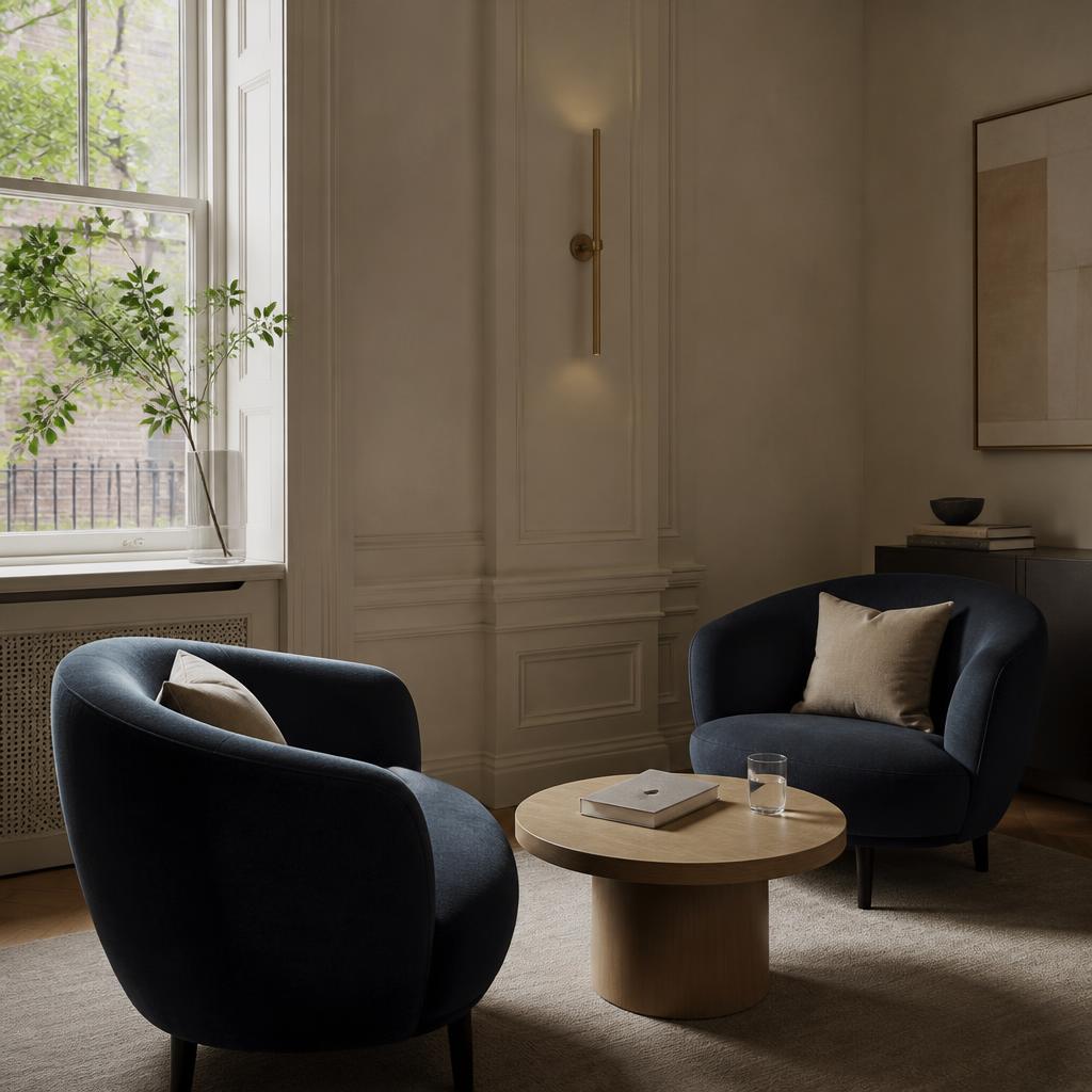 A quiet, light-filled consultation room with two chairs facing one another